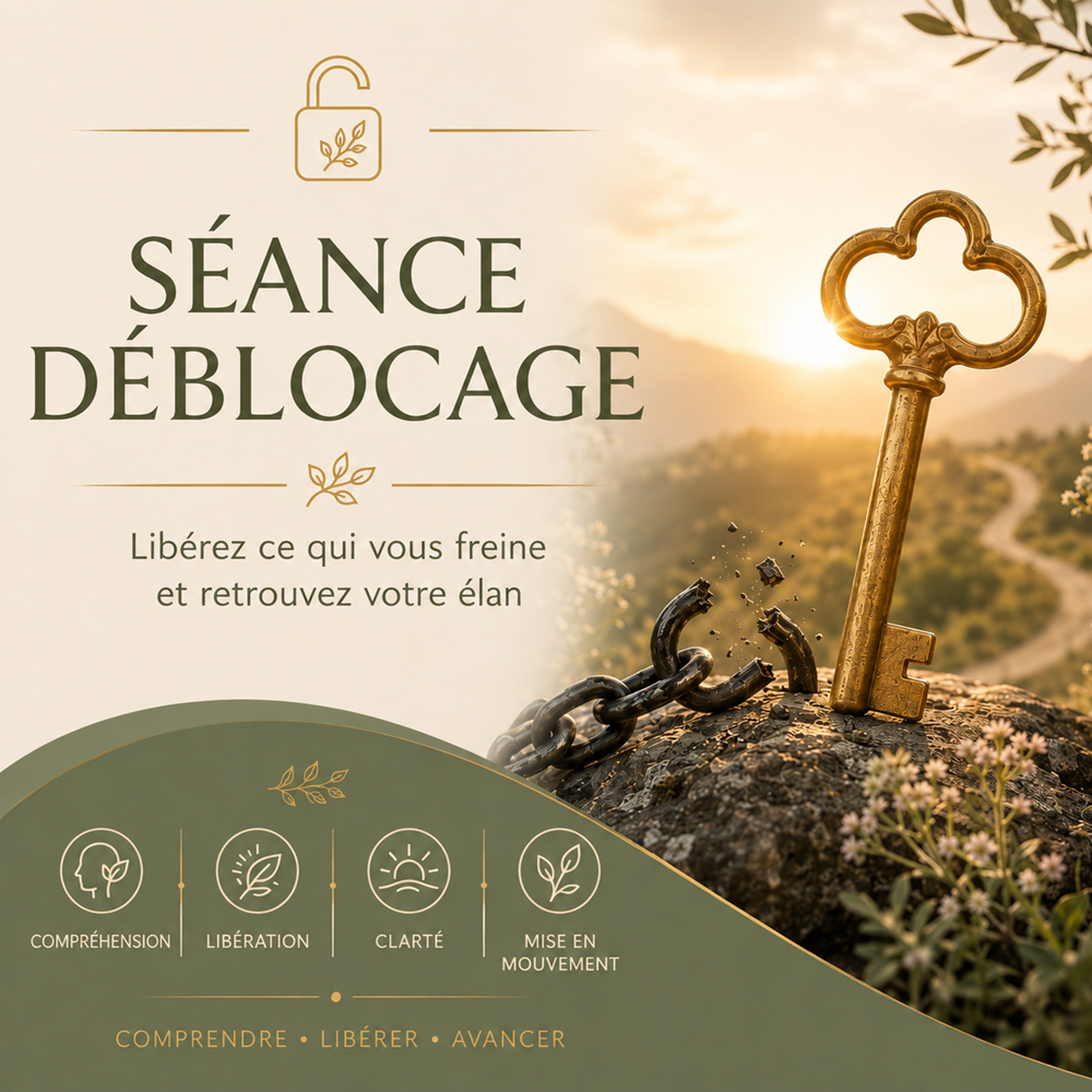 Illustration de l'accompagnement Déblocage : une clé dorée libérée d'une chaîne brisée, symbole de compréhension, libération, clarté et mise en mouvement.