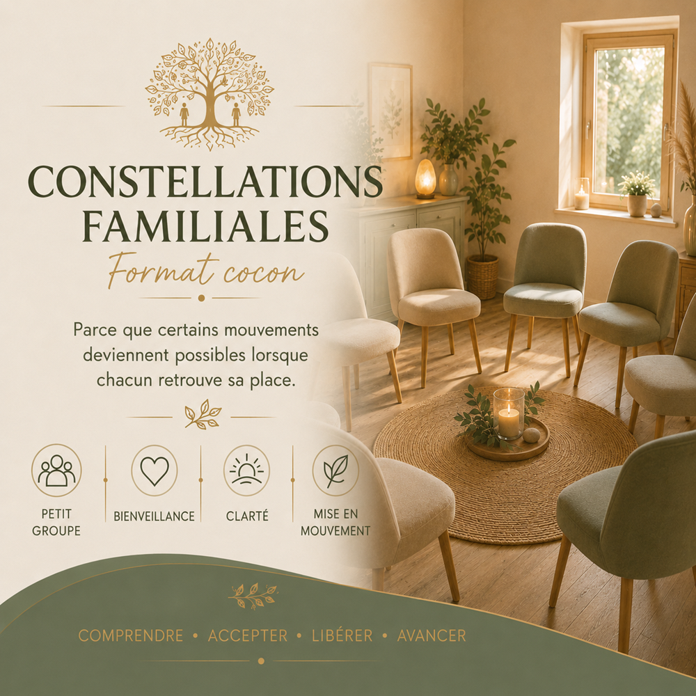 Illustration de l'atelier Constellations familiales en format cocon : cercle de chaises dans une pièce chaleureuse.