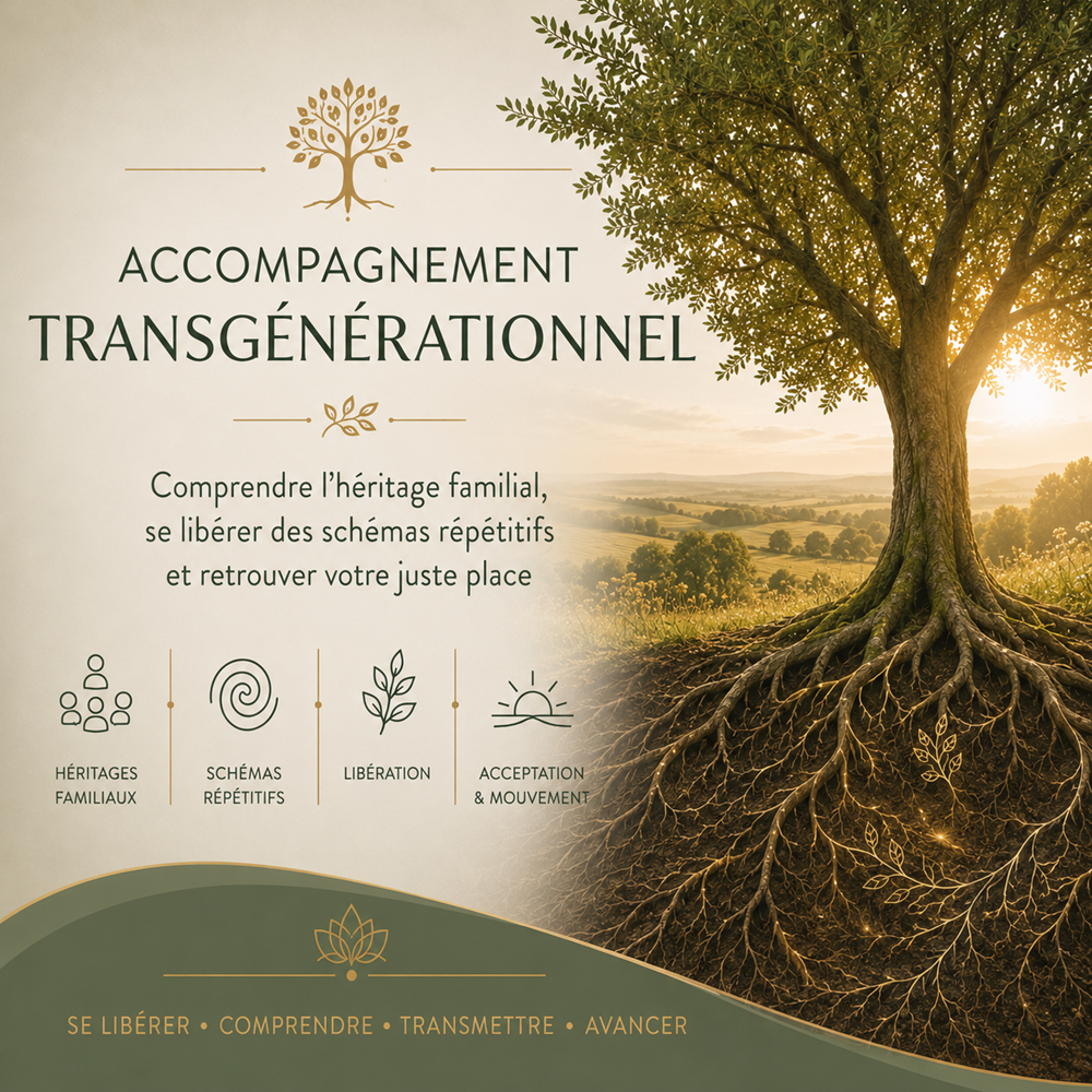 Illustration de l'accompagnement transgénérationnel : un arbre aux racines profondes, symbole des héritages familiaux et des schémas répétitifs.