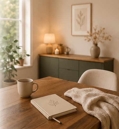 Coin cocon avec carnet, tasse et plaid sur une table en bois, pour illustrer un moment pour souffler.